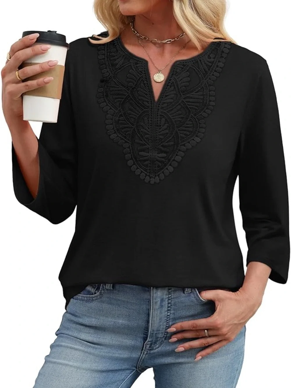 Black Women's Embroidered V-Neck Top - Picture 4 of 6